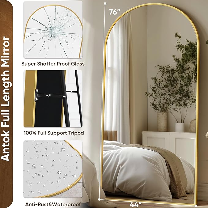 Antok Full Length Mirror, 71"x32" Floor Mirror with Stand, Hanging Mounted Mirrors for Bedroom, Living Room, Cloakroom, Dining Room, Gold, Arched