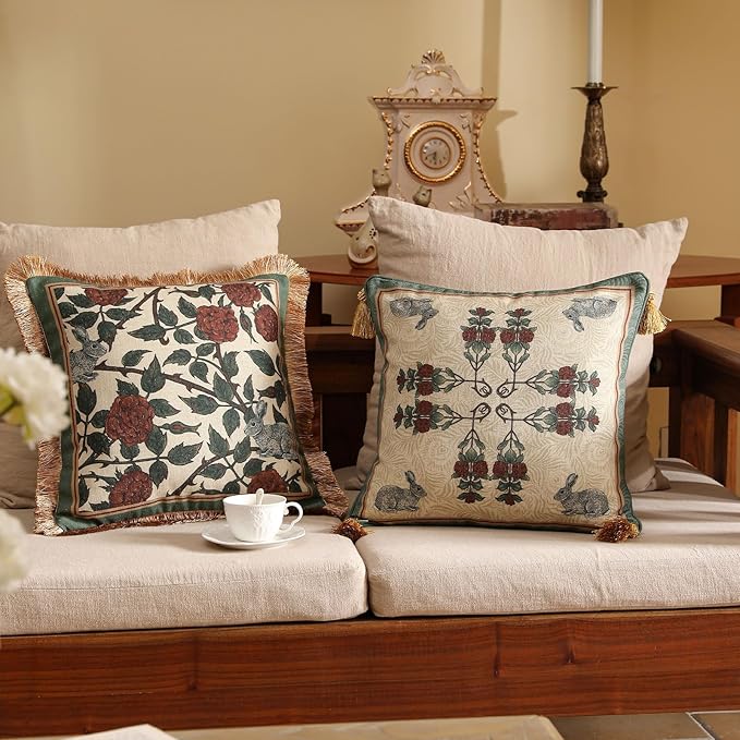 patdrea Designer Throw Pillow Covers Set of 2,French Elegant Green Linen with Rose and Animal Floral Pattern Pillow Covers,Decorative Square Pillowcases Cushion for Bed Living Room Outdoor,18"x18"