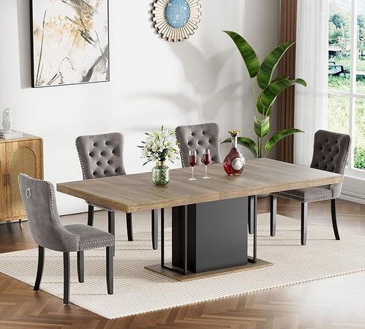 Goujxcy 78.7" Farmhouse Extendable Dining Room Table Set for 4, 5-Piece Rectangle Kitchen Dining Room Table Set with Wood Base and 4 Grey Velvet Dining Chairs, Extending Kitchen & Dining Table Set