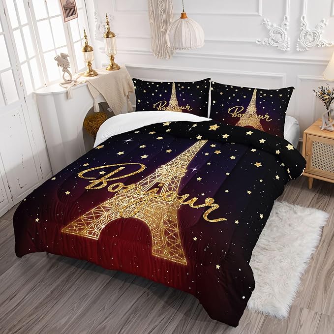 Kids Comforter Set Eiffel Tower Printed Pattern Bedding Set with 1 Comforter and 2 Pillowcases for Girls Boys Bedroom All Season(Tower Queen)
