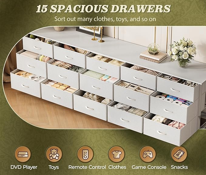 Huuger 78.7 inch Long Dresser for Bedroom, 15 Drawer Fabric Dresser for Closet, Large TV Stand for 65, 75, 85 inch TV, Wide Chest of Drawer with Storage, 78.7" W x 12.9" D x 26.7" H, White