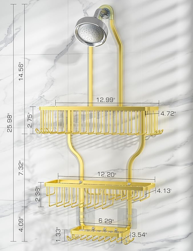 YASONIC Shower Caddy Over Shower Head Never Rust Aluminum Large Hanging Shower Caddy with 10 Hooks for Razor/Sponge - Over The Shower Head Caddy with Soap Basket - Hanging Shower Organizer Gold