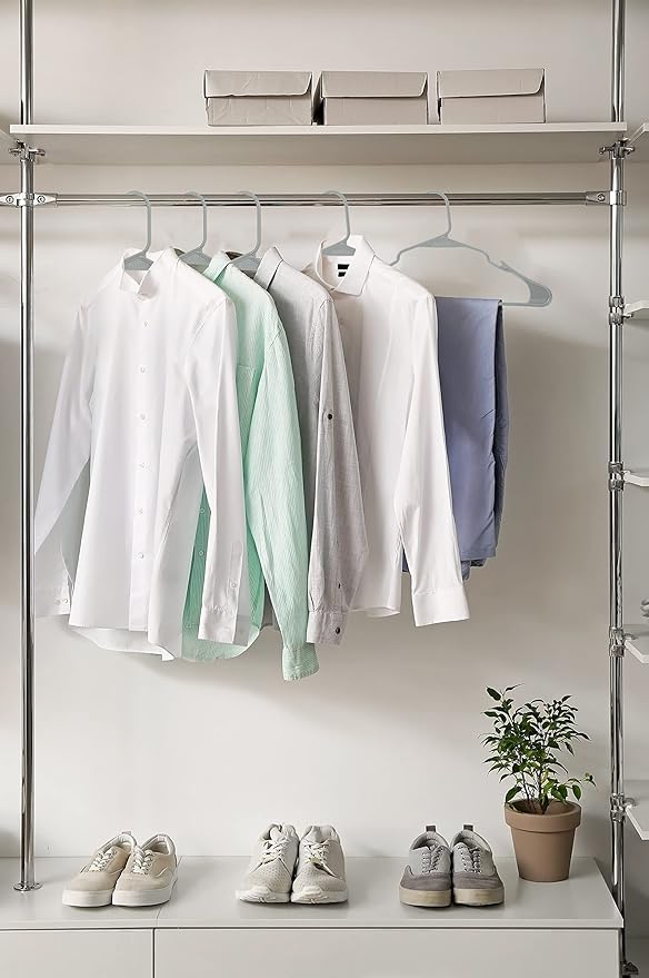 Royale Linens 60 Pack Grey Plastic Hangers for Clothes - Heavy Duty Clothes Hanger for Everyday Use - Lightweight & Space Saving Notched Plastic Hangers