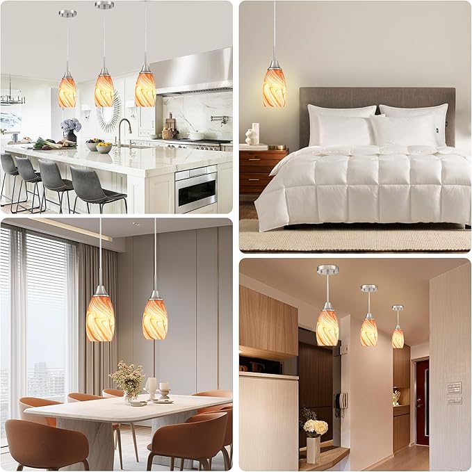 Mini Glass Pendant Light 4.72" with Handblown Orange Marble Art Glass Hanging Light 1-Pack Oval Ceiling Hanging Light Fixture for Dining Room Kitchen Island Cafe Foyer Hallway