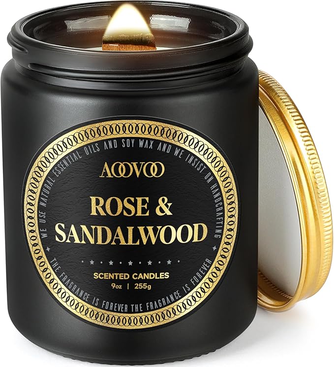 AOOVOO Scented Candles for Men - Rose & Sandalwood Candles for Home Scented | Crackling Wood Wick Soy Candle | Strong Fragranced Masculine Black Candle Gift for Women & Men, 9oz