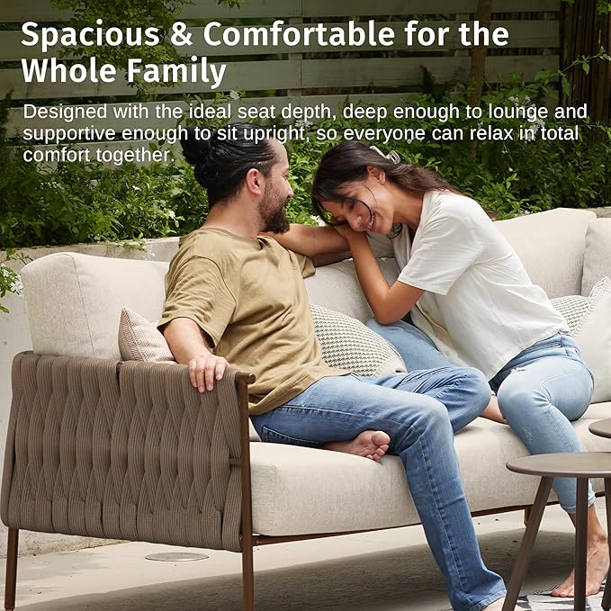 East Oak 5-Piece Patio Furniture Set | Life Chatter 5-Seat Outdoor Furniture | Deep Seating & Two Coffee Tables | Waterproof Extra-Thick Cushions | Porch, Balcony & Backyard | Chestnut & Apricot