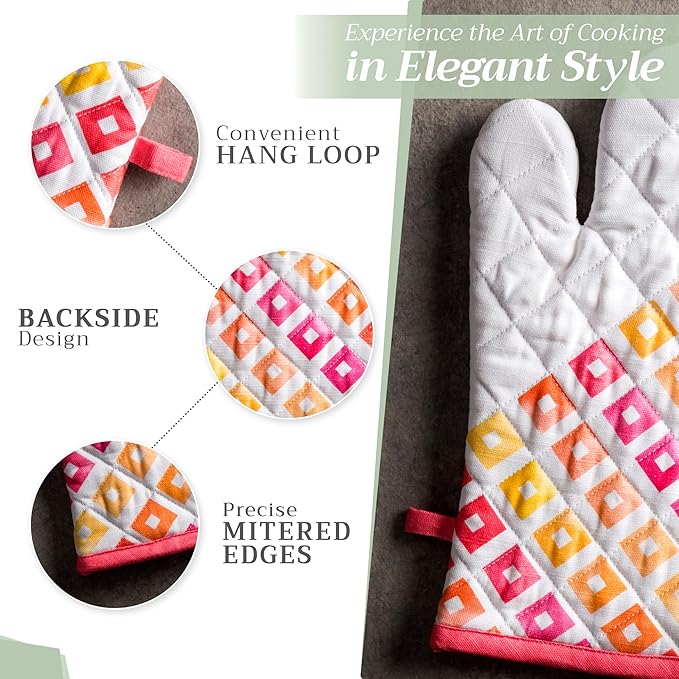 Maison d' Hermine Oven Gloves 100% Cotton Oven Mitt 7" x 13" with Loop Heat Resistant, BBQ, Cooking Gloves, Baking, Grilling, Kitchen, Handling Hot Pans Spring/Summer (Pack of 1, Summer Maze)