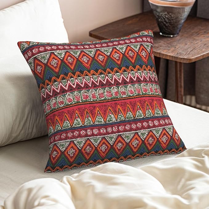 Farmhouse Vintage Boho Red Striped Throw Pillow Covers 18x18 Inch Set of 2 Bohemia Rustic Abstract Geometric Pillow Case Home Decor Cushion Cover of Sofa Living Room Bedroom