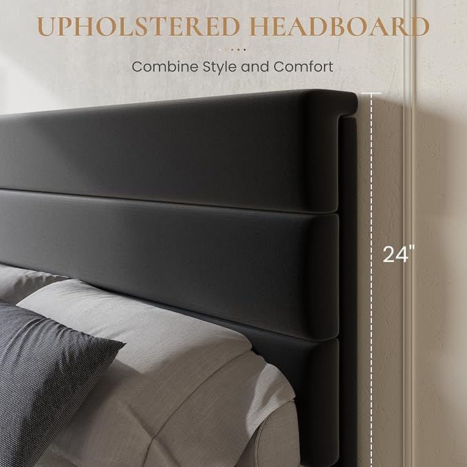 SHA CERLIN Queen Size Platform Bed Frame with 4 Storage Drawers, Velvet Upholstered Headboard, Mattress Foundation with Wooden Slats Support, No Box Spring Needed, Easy Assembly, Black