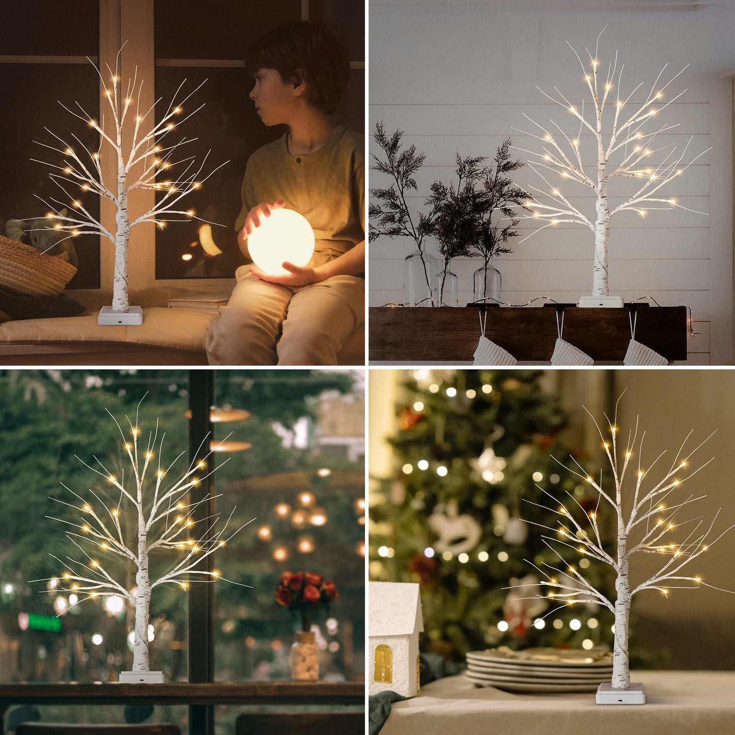 Woohaha Birch Tree Christmas Decorations Indoor for Home,2ft 24LED Warm White Light Up Birch Tree，Battery&USB Tabletop Timer Artificial Mini Christmas Tree with Lights for Holiday Party Wedding