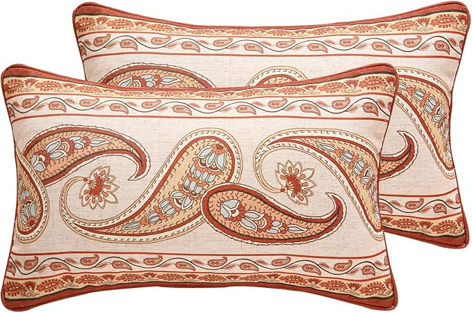 Design Linen Classic Vintage Throw Pillow Covers 12"x20" Pack of 2, Lumbar Cushion Covers with Orange Yellow Paisley Style Pattern Decoration Pillowcases for Bed,Living Room,Outdoor,Car