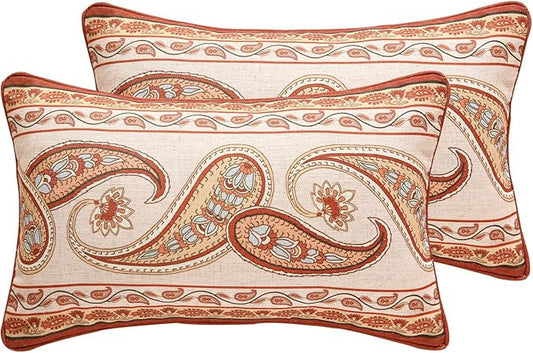 Design Linen Classic Vintage Throw Pillow Covers 12"x20" Pack of 2, Lumbar Cushion Covers with Orange Yellow Paisley Style Pattern Decoration Pillowcases for Bed,Living Room,Outdoor,Car