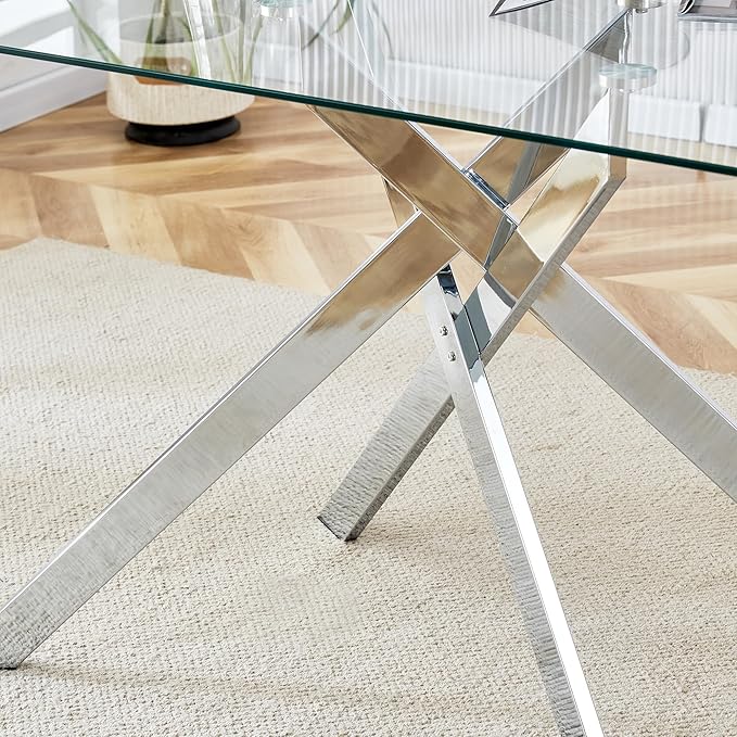 Rectangular Glass Dining Table, Tempered Glass Tabletop and Metal Legs, Modern Style Glass Kitchen Table for Home, Kitchen, Dining Room (Silver, 52'')