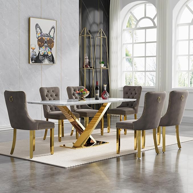 70" Faux Marble Dining Table Set for 6, 7-Piece Dining Set with White Gold Kitchen Table and 6 Velvet Tufted Chairs, Modern Rectangular Dining Room Table with X-Shape Stainless Steel Base