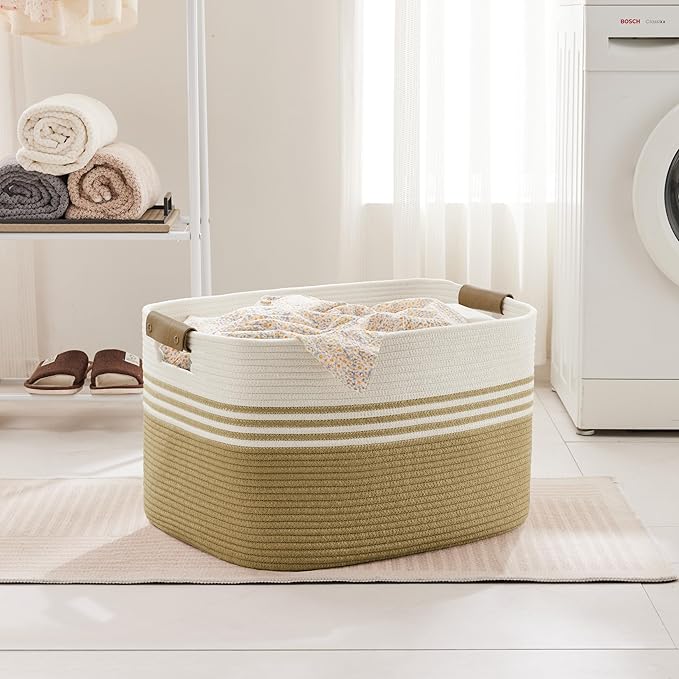 Laundry basket with leather handles for clothes,blankets,pillows,toys,towels,suitable for bedrooms and living rooms,cotton woven laundry hamper,extra large gift basket,24"x16"x14",Khaki