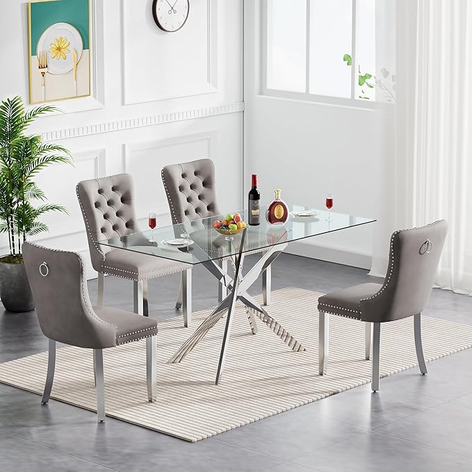 Goujxcy 5 Piece Glass Dining Table Set Modern Glass Dining Table Set for 4, 51" Rectangular Kitchen Table and 4 Velvet Upholstered Chairs for Kitchen Dining Room, Silver Table & Grey Chair