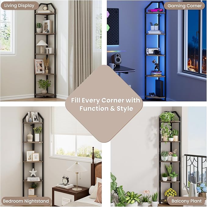 5-Tier Corner Shelf | 70 Inch Tall Bookshelf & Plant Stand, Heavy Duty Storage for Home Office & Living Room - Grey