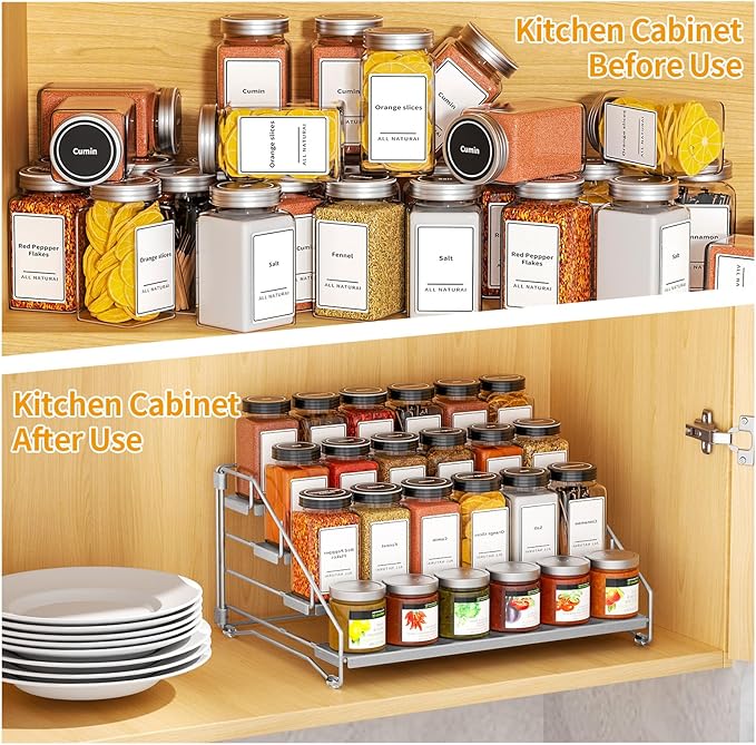 4 Tier Spice Rack for Cabinet, Spice Rack Organizer, Depth Adjustable Spice Organizer for Countertop, Cupboard, Pantry, Seasoning Shelf, Metal, Gray (1 Pack)