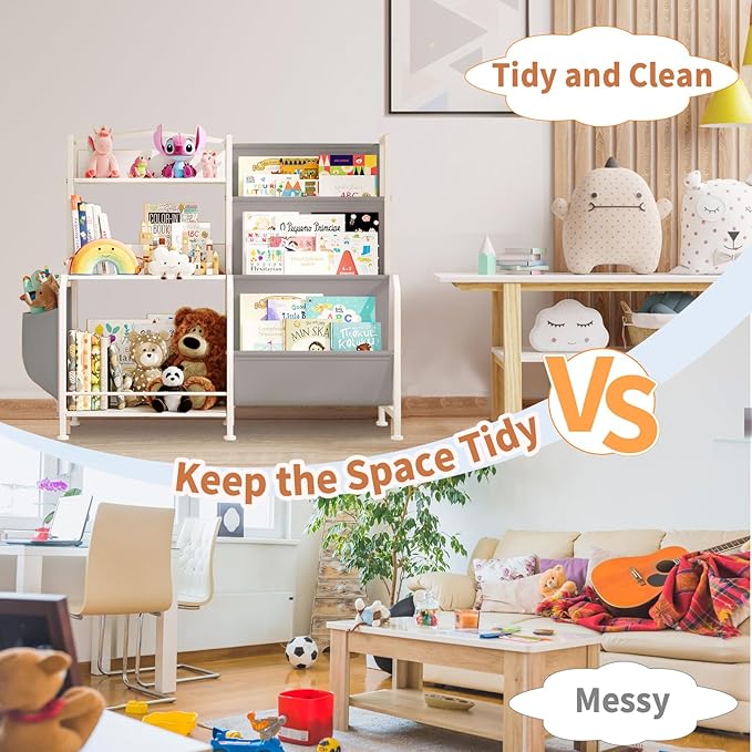 Bookshelf for Kids, 3 Tier Toddler Bookshelf with Toy Storage Organizer, Nursery Book Shelves, Kids Book Shelf Bookcase for Kid Rooms Playroom, White/Grey