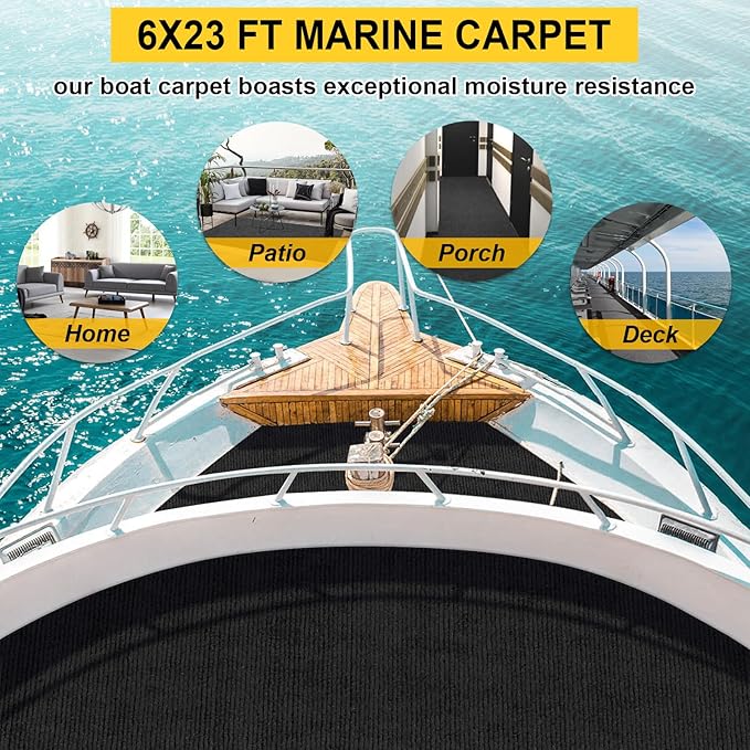 Marine Carpet,6 FT x 23 FT Black Indoor Outdoor Carpet 0.2" Thick Boat Carpet with Water-Proof TPE Backing, Non-Slide Outdoor Marine Carpet Roll for Home, Patio, Porch, Deck