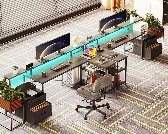ODK L Shaped Desk with File Drawer, 75" Reversible L Shaped Computer Desk with Power Outlet & LED Strip, Office Desk with Storage Shelves, Gaming Desks with Monitor Shelf, Corner Table, Grey Oak