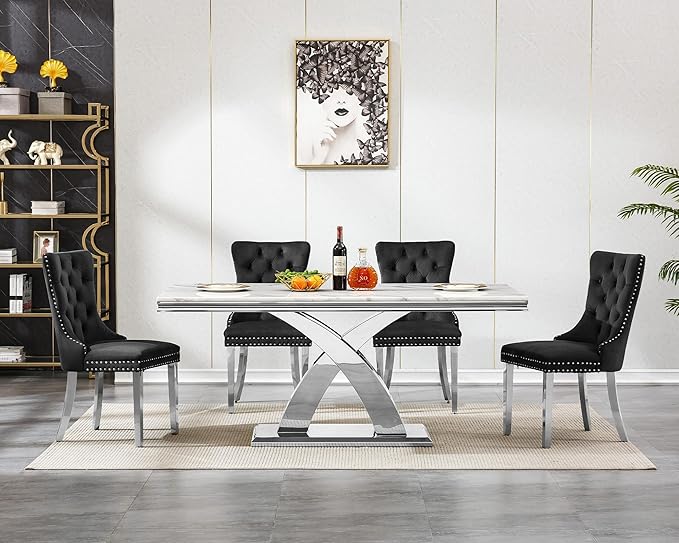 Goujxcy 68" Marble Dining Table Set for 4, Modern Rectangle Dining Room Table Set for 4, Luxury White Silver Marble Kitchen Table and Chairs Set of 4 for Living Room,Kitchen