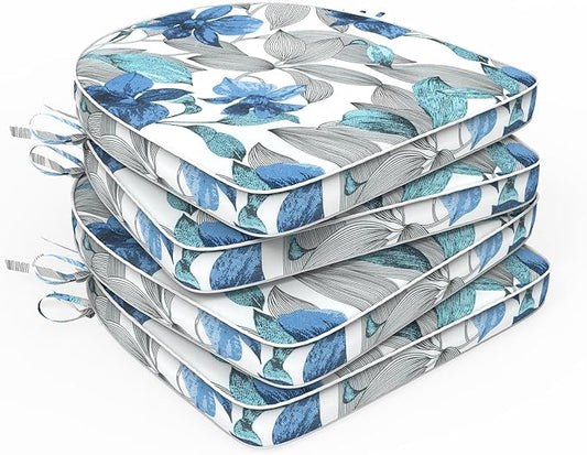 Set of 4 Outdoor Chair Cushions 19"x19"x2",Water Repellent Patio Seat Cushion with Ties and Removable Covers,Dining Chair Cushions for Indoor Kitchen Yard and Patio Furniture,Clemens Noir Blue