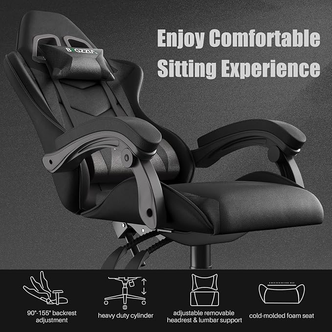 Gaming Chair High Back, Ergonomic Computer Gamer Chair with Headrest and Lumbar Support, Racing Style Reclining Game Chair for Adults, Kids (Black)