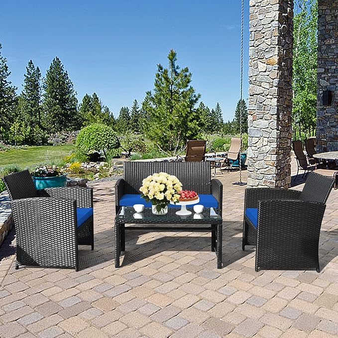 Tangkula 4 Pieces Patio Wicker Conversation Furniture Set, Patiojoy Sofa & Table Set w/4 Seats, Outdoor Rattan Sofa Set for Balcony Backyard, Wicker Chair Set with Tempered Glass Coffee Table