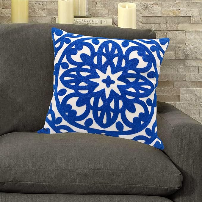 Alysheer Embroidered Decorative Throw Pillow Cover 18x18 inch, Classic Boho Mandala Chic Knit Pattern, 100% Cotton Canvas Cozy Cushion Case for Sofa Couch Living Room Bedroom(Royal Blue)