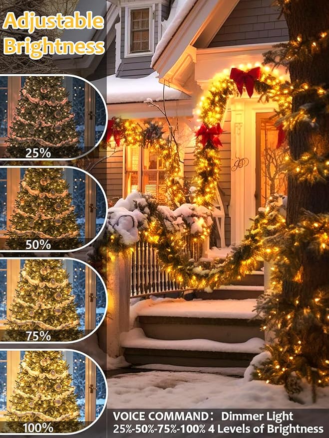 Voice Controlled Smart Christmas Lights Outdoor, 108.8ft 300 LED Twinkle String Light with 7 Voice Commands, 12 Modes & Timer, Dimmable Waterproof Christmas Tree Lights for Party Garden (Warm White)