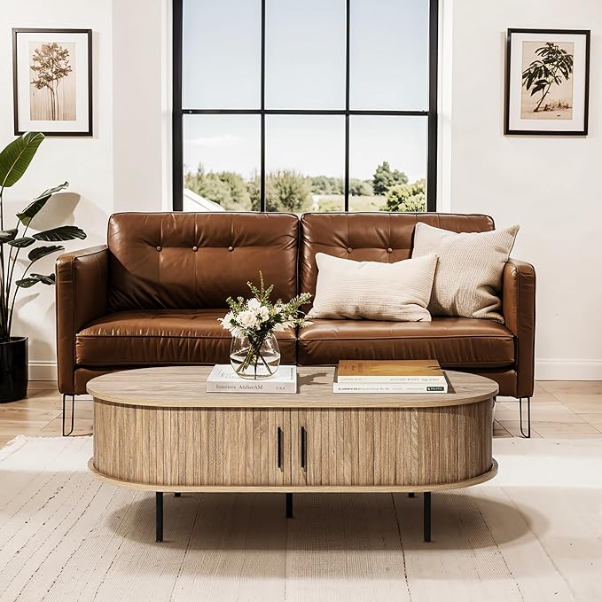 LuxenHome Oval Coffee Table with Storage, 47" Mid Century Modern Fluted Coffee Tables for Living Room, Wooden Sliding Door Boho Storage Center Table for Home, Office