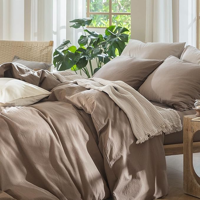 MooMee Bedding Duvet Cover Set 100% Washed Cotton Linen Like Textured Breathable Durable Soft Comfy (Solid Brown, Super King 108"x98")