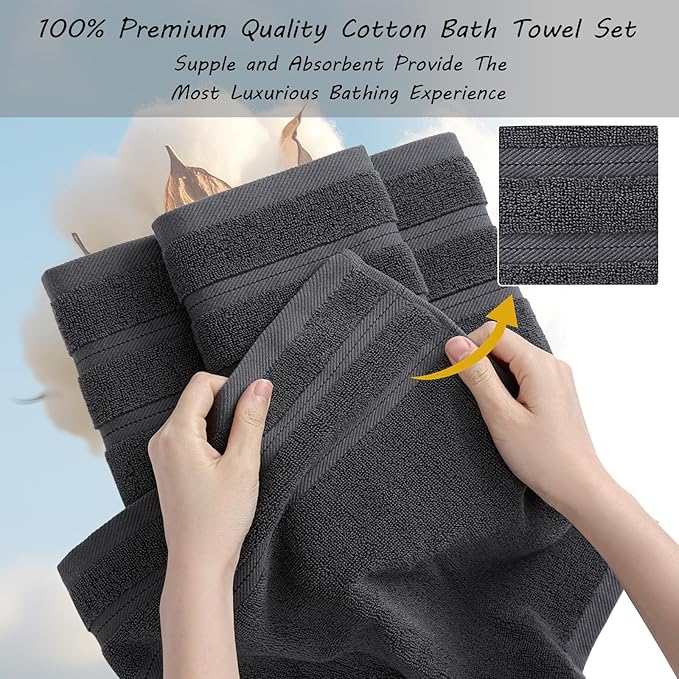 16-Piece Bath Towels Set, 100% Cotton Thick Soft Highly Absorbent Durable, Quick Dry, Bathroom Towels Set (4 Bath Towels, 4 Hand Towels, 8 Washcloths) - Perfect for Daily Use
