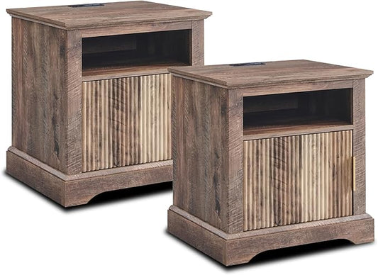Fluted Nightstand Set of 2, 22" Large Modern Side Table with Charging Station, Wood End Table w/Open Shelf, Bedside Table with Storage Space for Bedroom, Living Room (Light Brown)