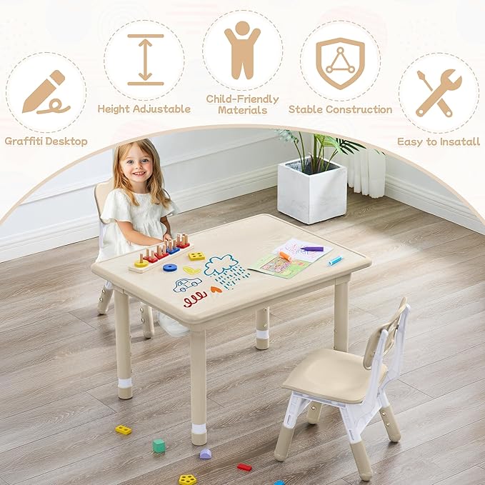Toddler Table and Chair Set, Height Adjustable-Upgrade Kids Table and 2 Chairs for Ages 3-8, Multi-Activity Toddler Play Table with Graffiti Desktop for Home/Daycare/Classroom