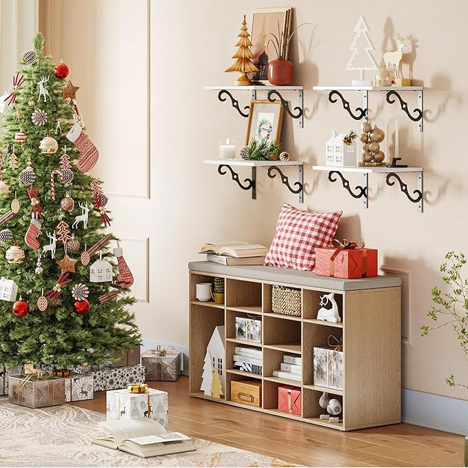 DINZI LVJ Shoe Storage Bench with Cushion, 16-Cubby Shoe Rack, Adjustable Shelves, 40.9" Long Shoe Organizer Bench for Entryway, Mudroom, Hallway, Garage, Natural and Cappuccino Beige