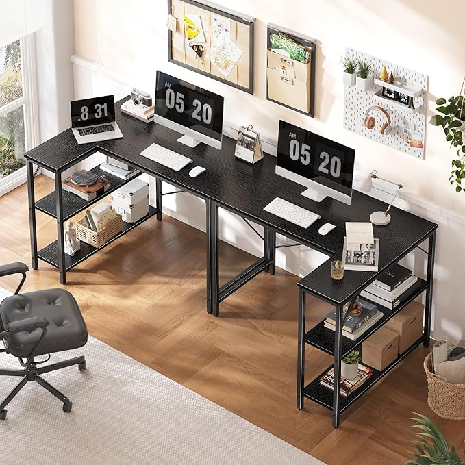 Huuger L Shaped Desk, 39 Inches Computer Desk with Reversible Storage Shelves, Gaming Desk, for Corner Home Office Writing Study, Metal Frame, Black