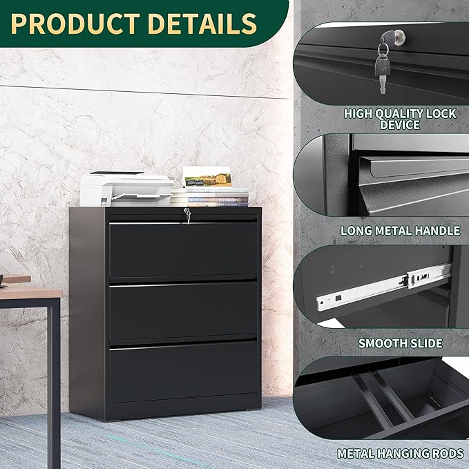 3 Drawer Lateral File Cabinet with Lock, Metal File Cabinets for Home Office, Steel Heavy-Duty Filing Storage Cabinet for Letters/Legal/A4 (Require Assembly, Black)