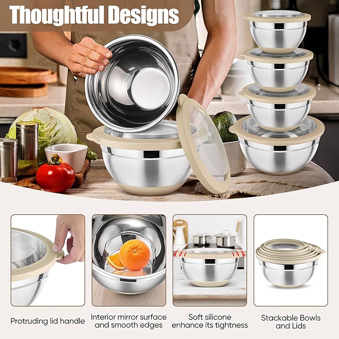 P&P CHEF Khaki Mixing Bowls Set of 6, Stainless Steel Mixing Bowl with Visible Lids for Salad, Metal Nesting Serving Bowls for Kitchen Cooking Prepping Storing Food, 4.6/3.5/2.6/2/1.5/1 QT