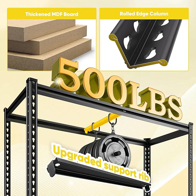 72" H Garage Shelving, 5 Tier Storage Shelves Load 2500 lbs, Adjustable Garage Shelves, Metal Shelving Unit for Warehouse, Basement, Pantry, 40" Wx 16" D x 72" H, Black