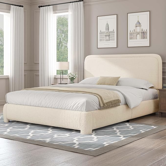 BarnFurin Queen Bed Frame with Headboard, Cloud Boucle Upholstered Platform Bed with Wood Slats, Soft Rounded Corners, No Box Spring Required, Easy Assembly, Cream