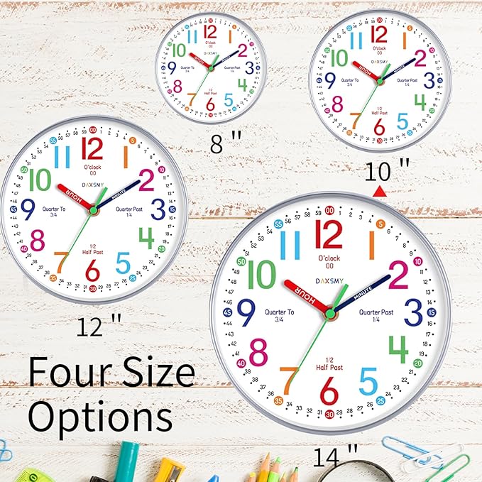 Wall Clock for Kids Learning Easily Kids Teaching Clock Silent Non Ticking Battery Operated Colorful Teaching Time Clock Decorative for Kids Room Classroom School (10 Inch)
