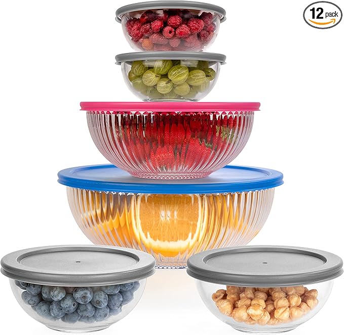 Set of 6 Stackable Space-Saving Nesting Glass Bowls with BPA Free Lids for Foodprep, Storage, Baking, Mixing & Cooking, Microwave Safe - Durable Inert Borosilicate Glass