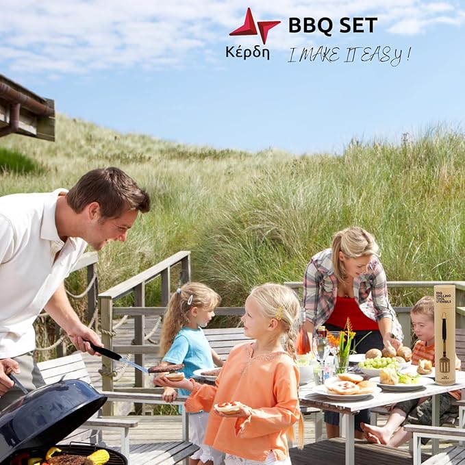 Premium Grill Utensils Set – 9-Piece BBQ Tool Kit with Extra-Long Stainless Steel Spatula, Fork, Tongs, Brush, Hooks & Cloth – Outdoor Grilling Set & Gift for BBQ Lovers