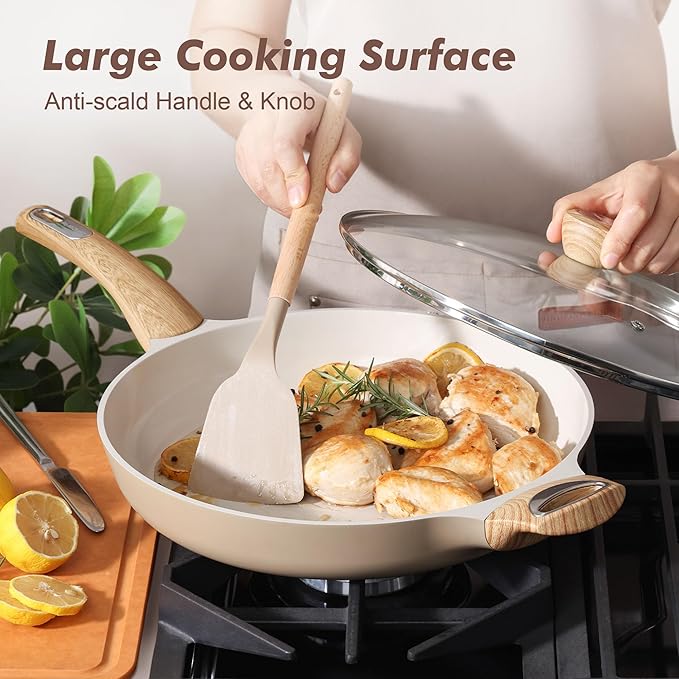 SENSARTE Ceramic Nonstick Frying Pan Skillet with Lid 12.5Inch Large Non Stick Non-toxic Healthy Kitchen Cooking Chef's Pan, Free of Intentionally Added PFOA/PFAS/PTFE, Induction Compatible