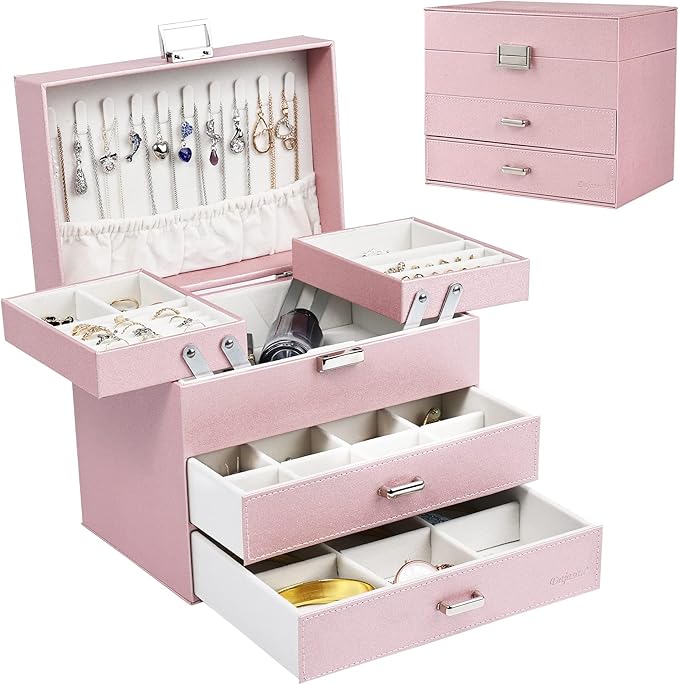 Dajasan Jewelry Boxes for Women Girls, Jewelry Storage Organizer, 4 Layers Large Jewelry Organizer Box with 2 Drawers for Friends, Wife or Mother Gift (Pink)