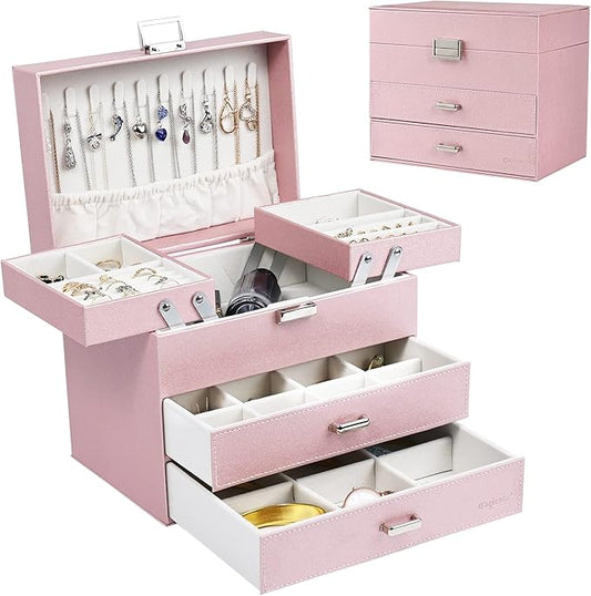 Dajasan Jewelry Boxes for Women Girls, Jewelry Storage Organizer, 4 Layers Large Jewelry Organizer Box with 2 Drawers for Friends, Wife or Mother Gift (Pink)