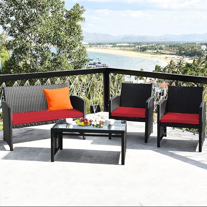 Tangkula Patio Wicker Conversation Furniture Set, Patiojoy Sofa & Table Set w/4 Seats, Outdoor Rattan Sofa Set for Balcony Backyard, Wicker Chair Set with Tempered Glass Coffee Table (1, Red)