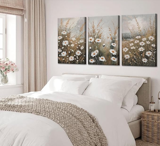 3 Pcs Vintage Wildflowers Field Canvas Wall art Farmhouse Rustic Wildflower Nature Landscape Painting Pictures Wall Decor Posters Print Artwork for Living Room Bathroom Home Decoration